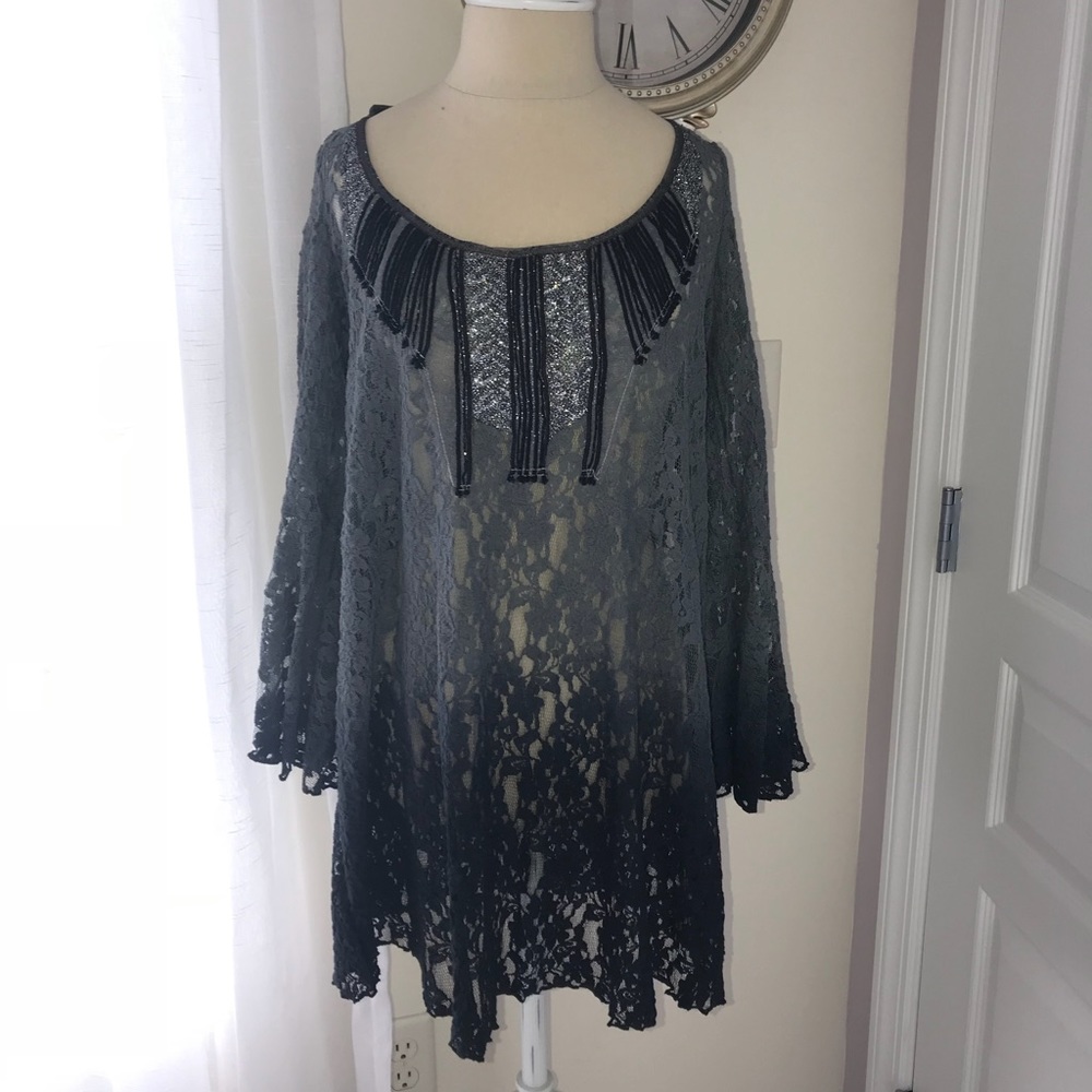 Free People Lace & Beaded Shirt